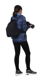 Photographer with backpack and camera on white background, back view