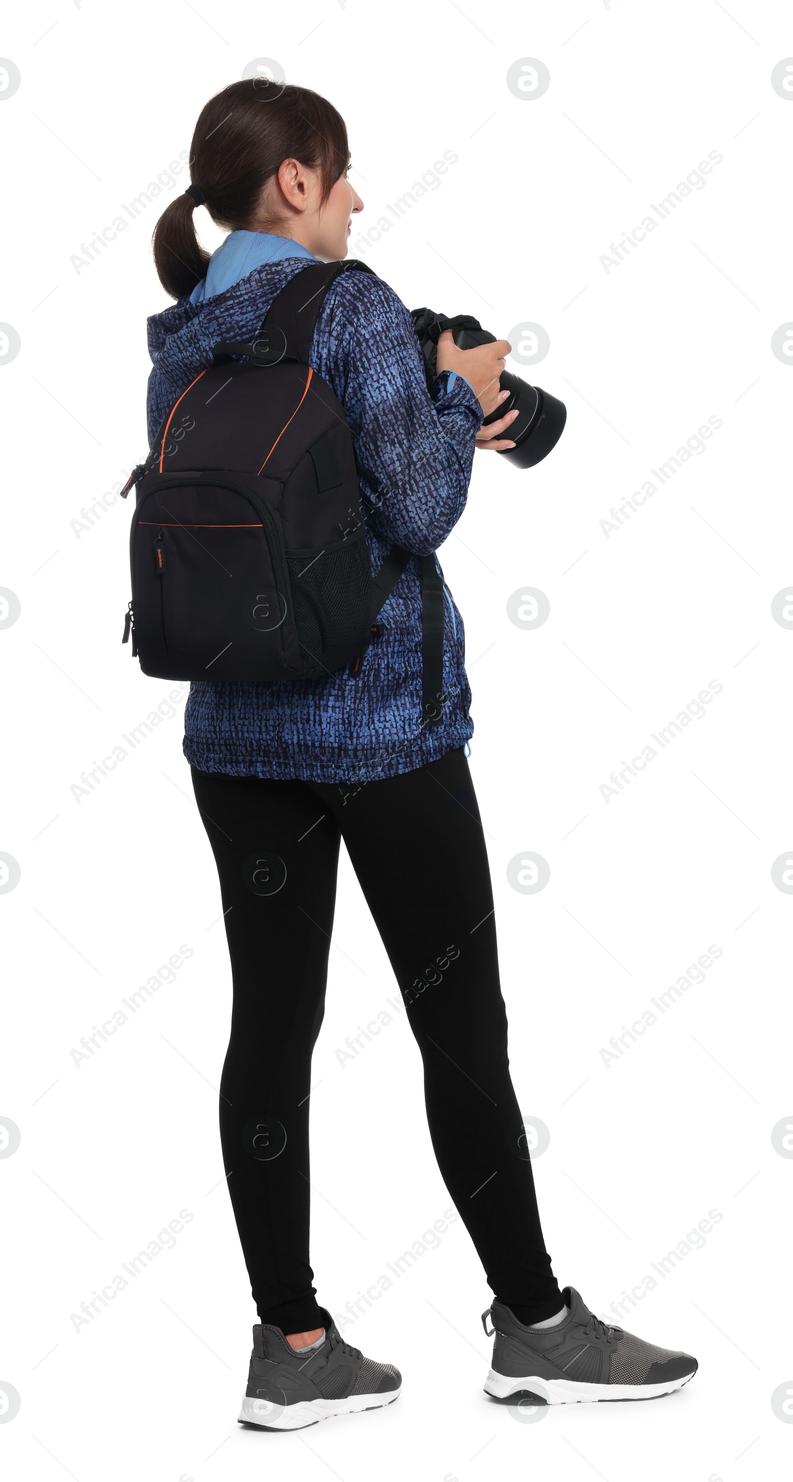 Photo of Photographer with backpack and camera on white background