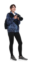 Photographer with backpack and camera on white background