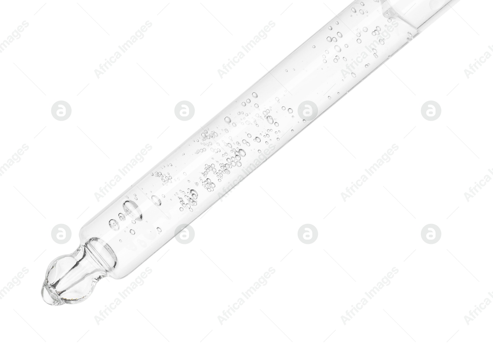 Photo of Dripping cosmetic serum from pipette on white background