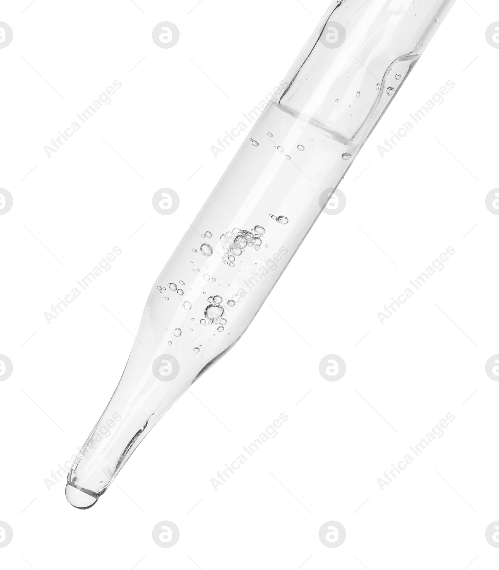 Photo of Dripping cosmetic serum from pipette on white background