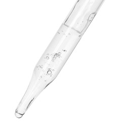 Photo of Dripping cosmetic serum from pipette on white background