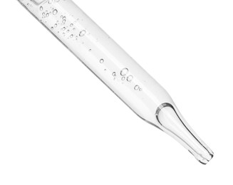 Photo of Dripping cosmetic serum from pipette on white background