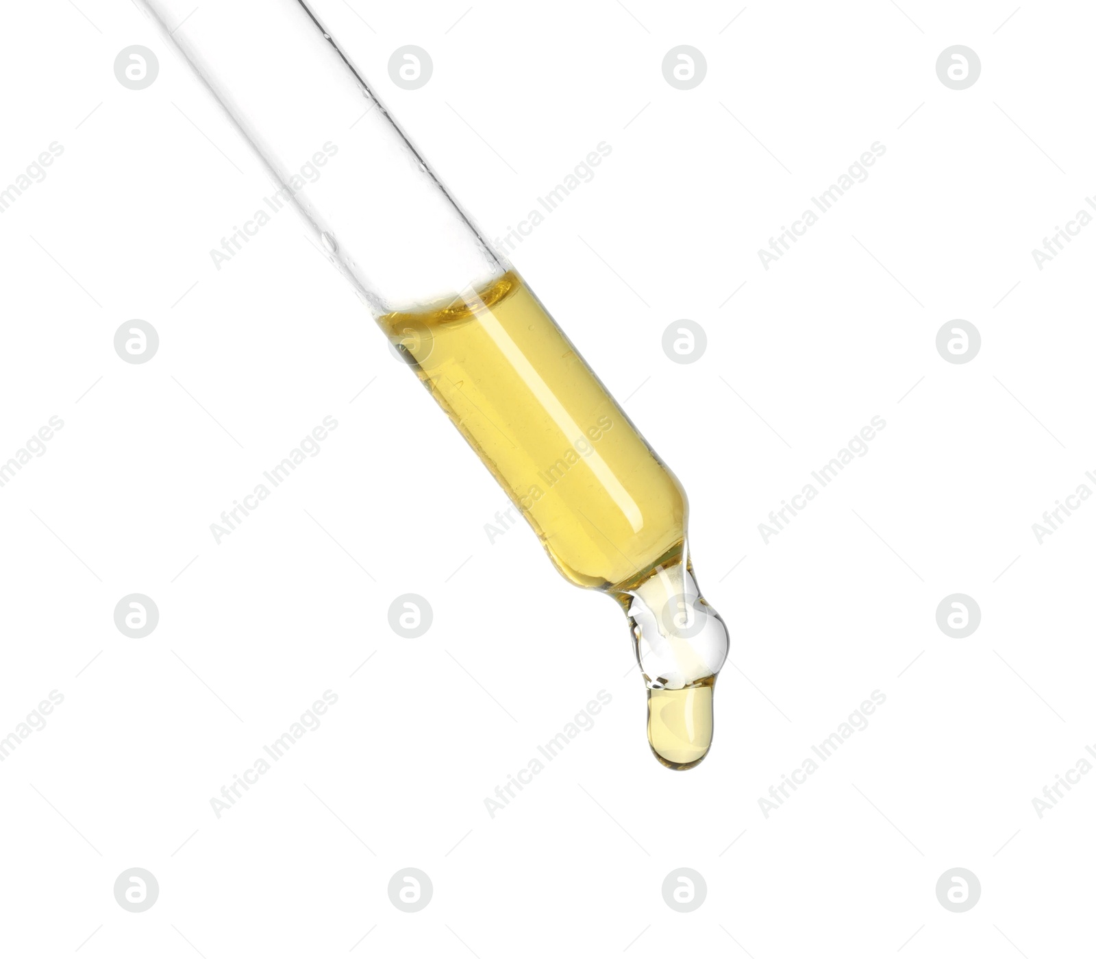 Photo of Dripping essential oil from pipette on white background