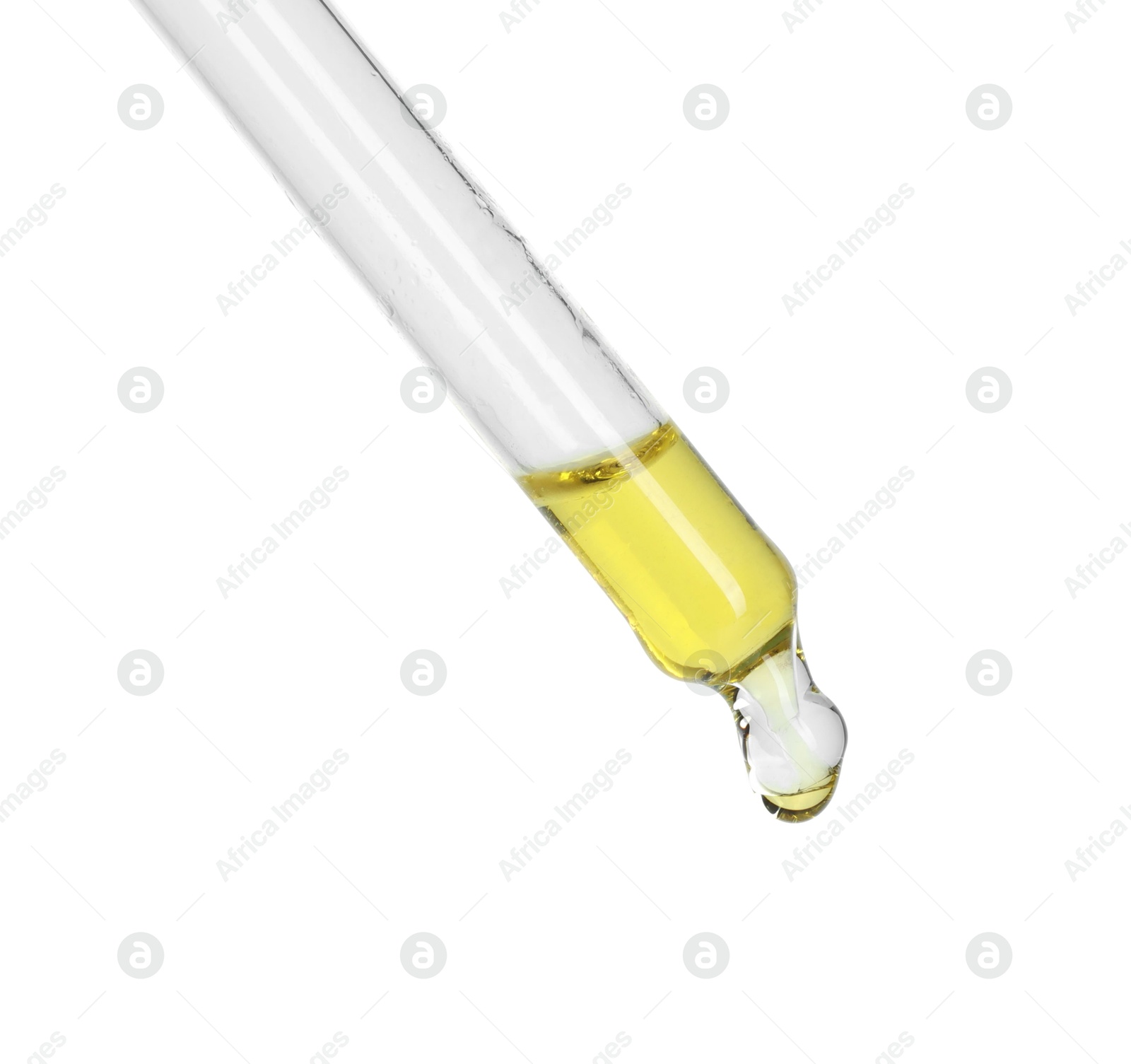 Photo of Dripping essential oil from pipette on white background