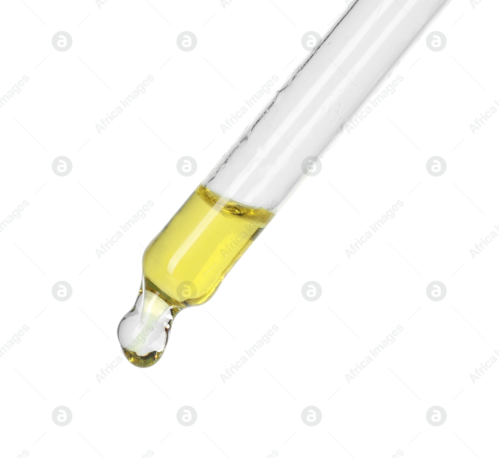 Photo of Dripping essential oil from pipette on white background