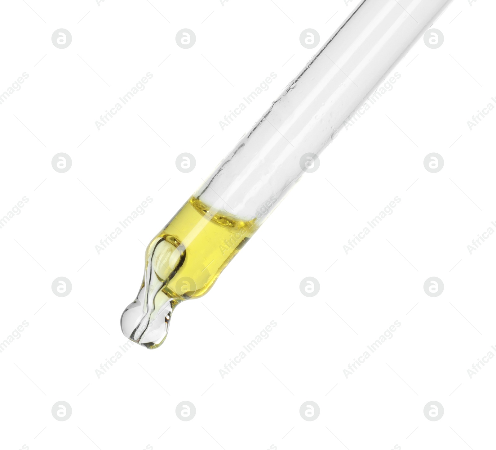 Photo of Dripping essential oil from pipette on white background