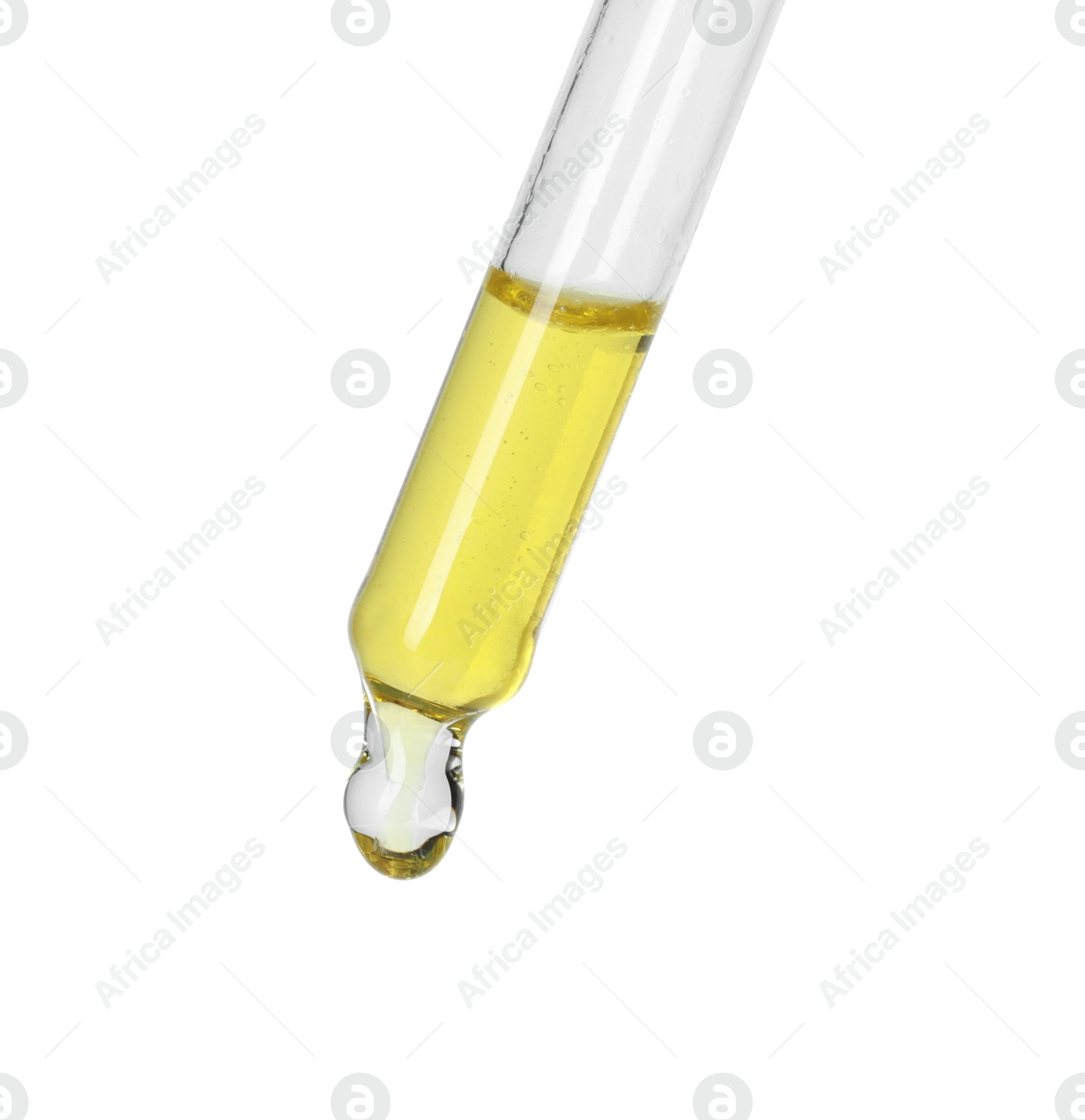 Photo of Dripping essential oil from pipette on white background