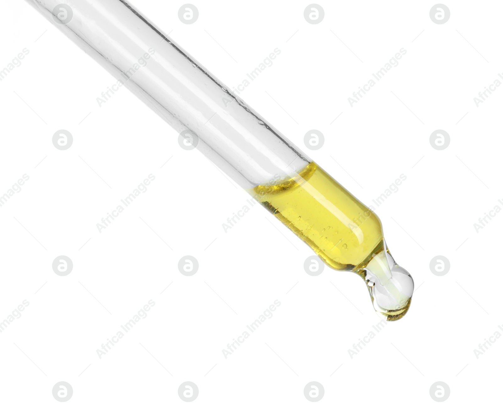 Photo of Dripping essential oil from pipette on white background