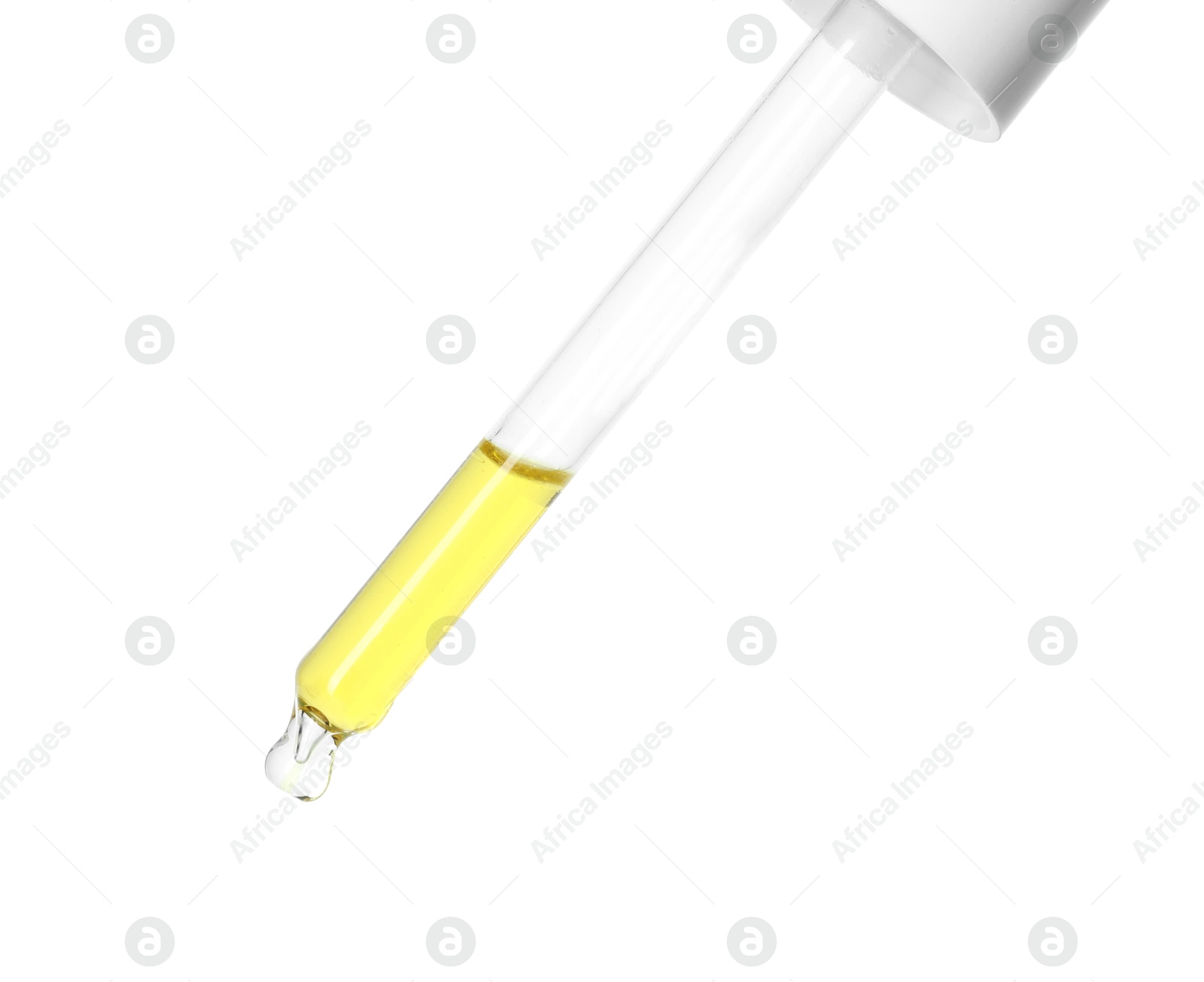 Photo of Dripping essential oil from pipette on white background