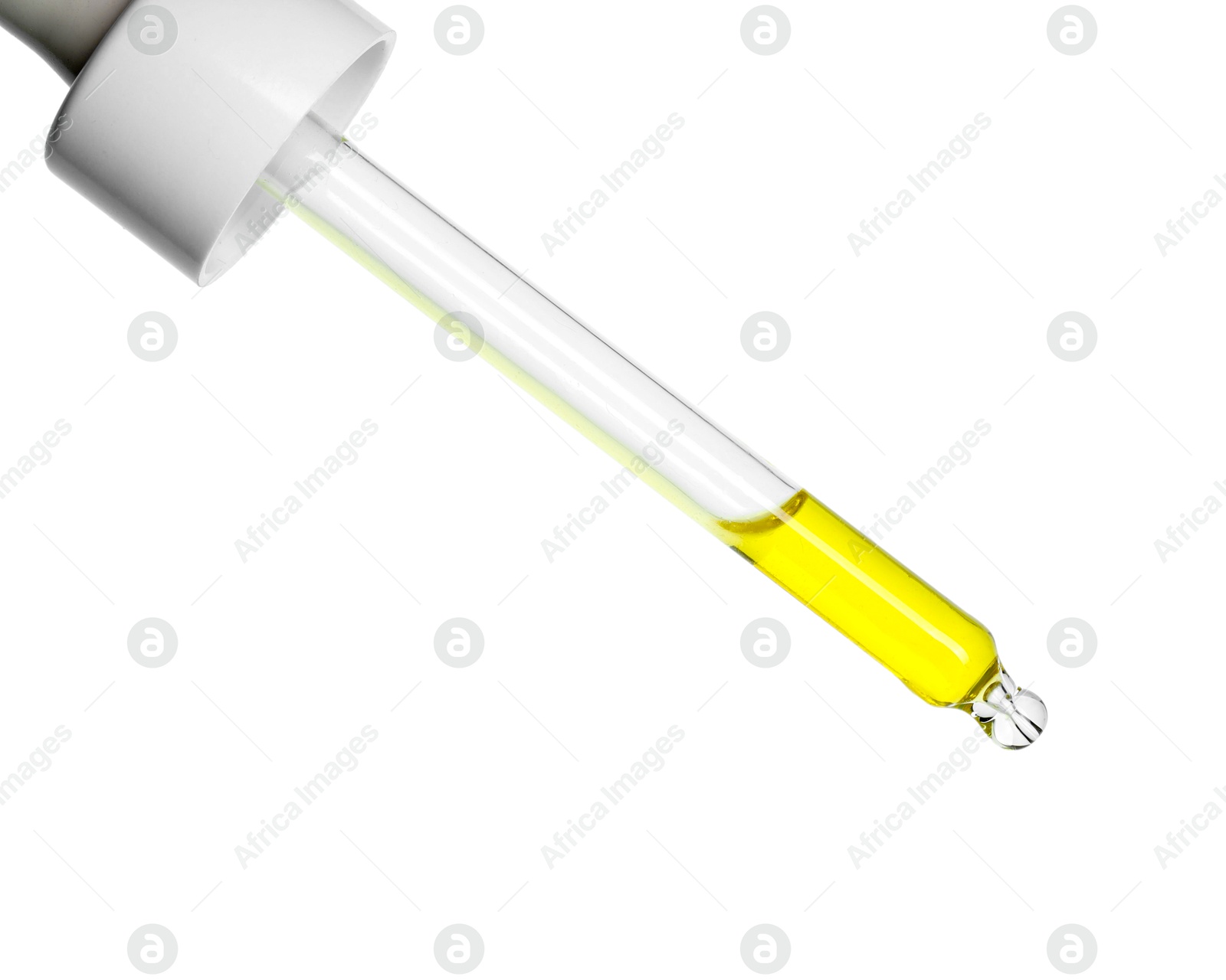 Photo of Dripping essential oil from pipette on white background