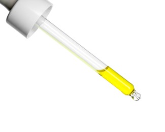 Dripping essential oil from pipette on white background