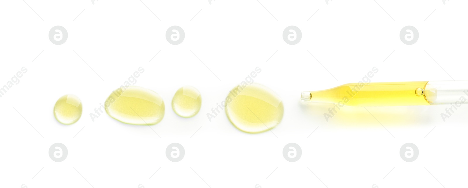 Photo of Cosmetic oil and pipette isolated on white, top view