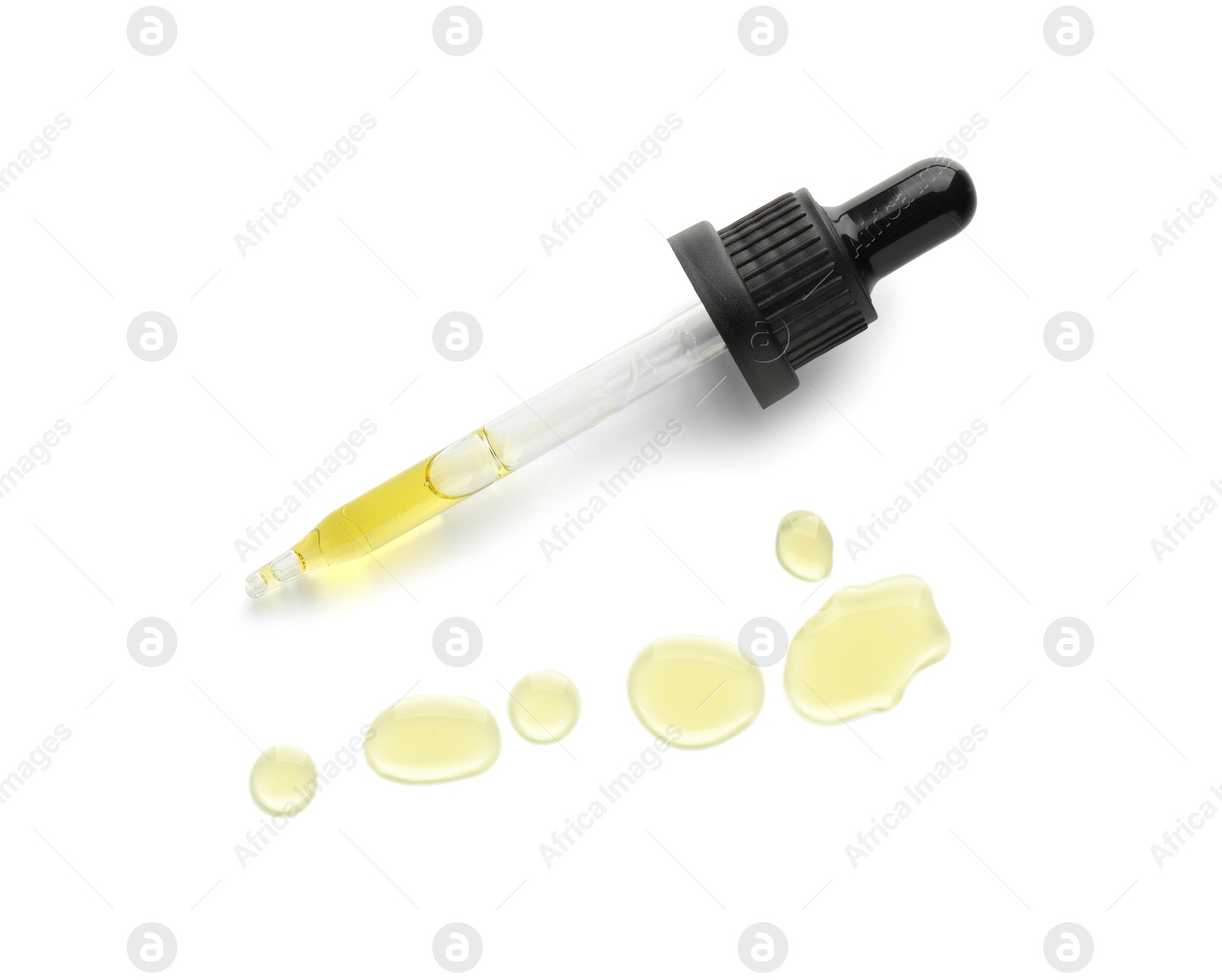 Photo of Cosmetic oil and pipette isolated on white, top view