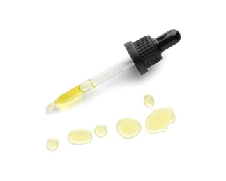 Photo of Cosmetic oil and pipette isolated on white, top view