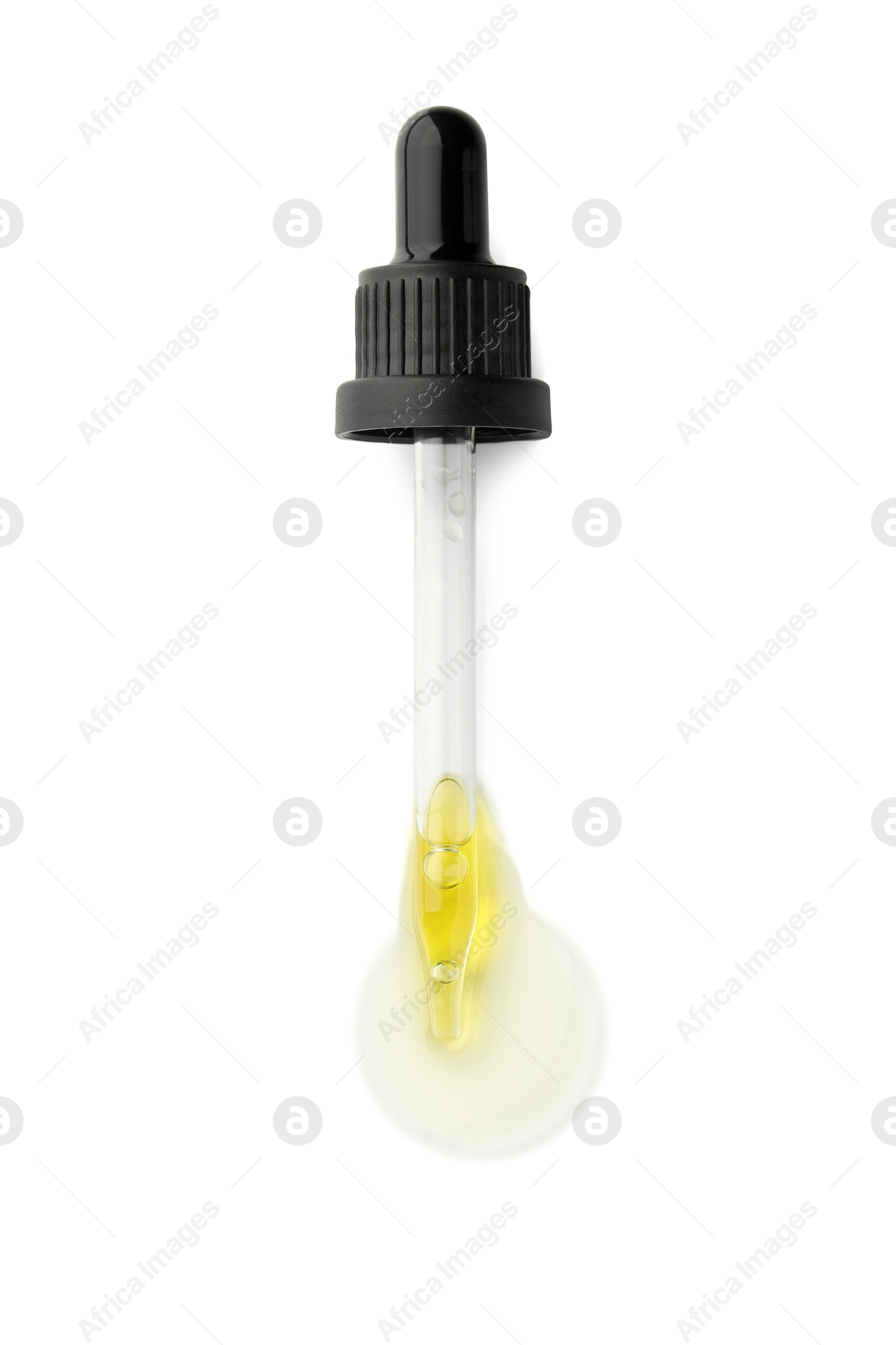 Photo of Cosmetic oil and pipette isolated on white, top view