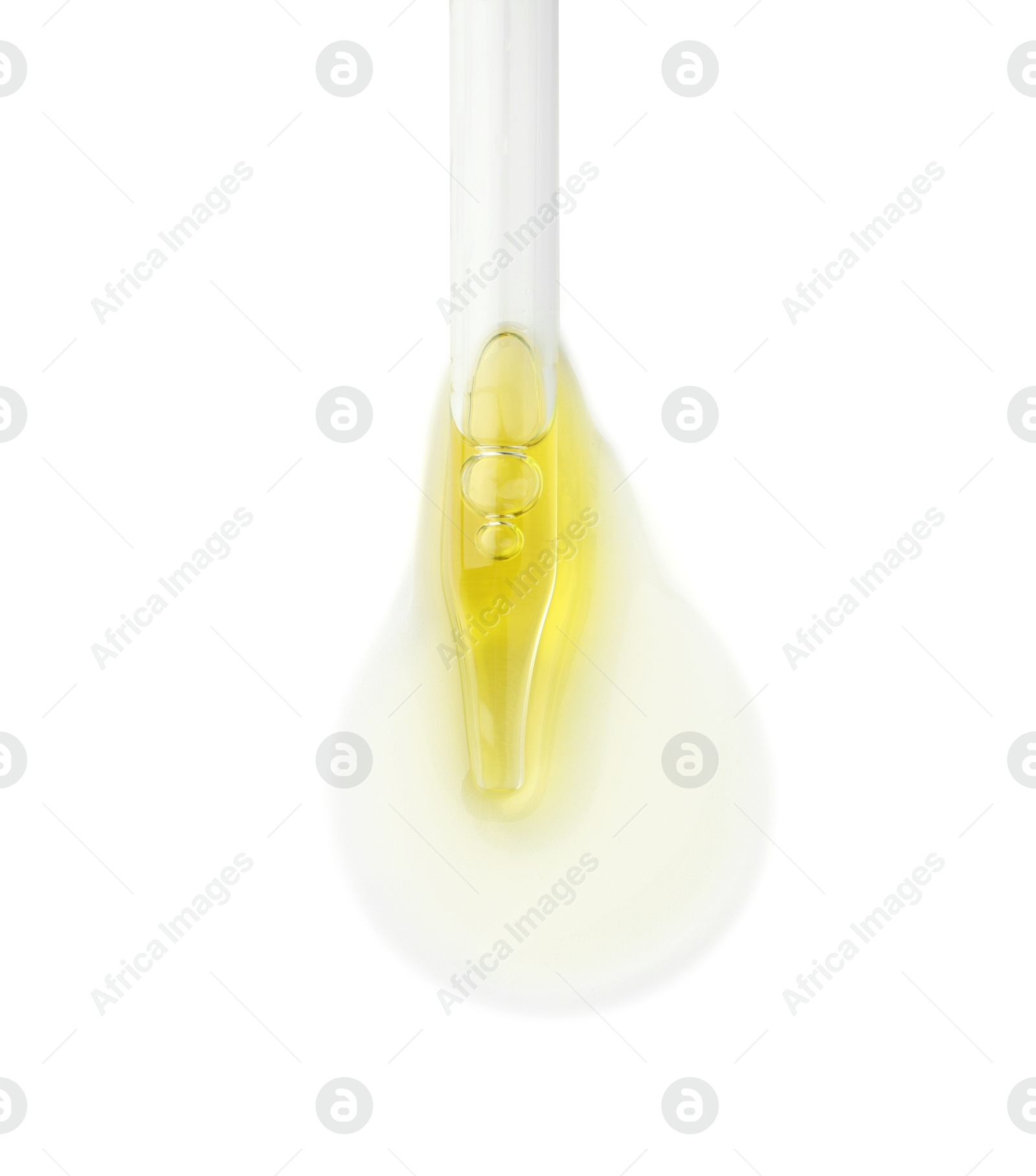 Photo of Cosmetic oil and pipette isolated on white, top view