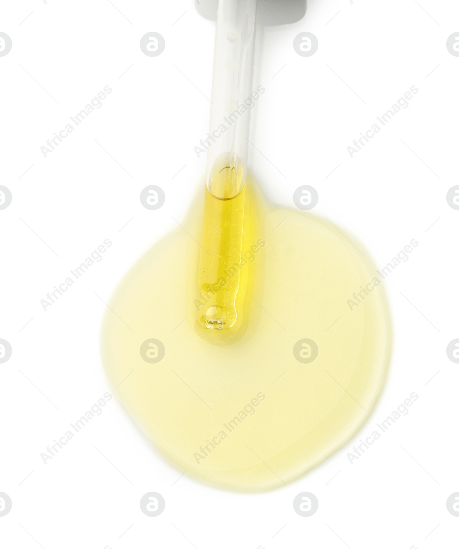 Photo of Cosmetic oil and pipette isolated on white, top view