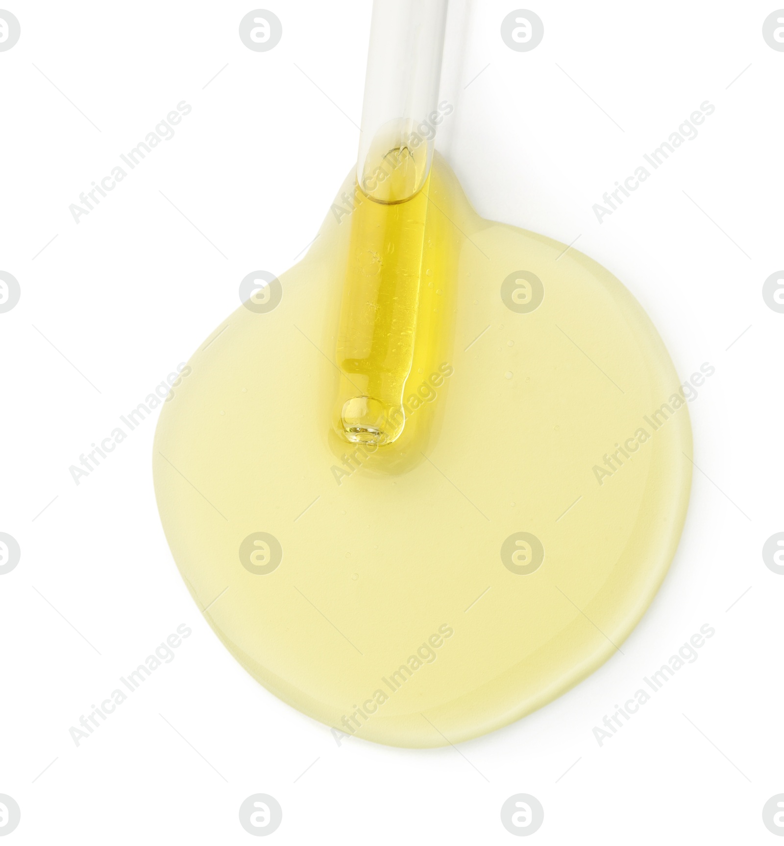 Photo of Cosmetic oil and pipette isolated on white, top view