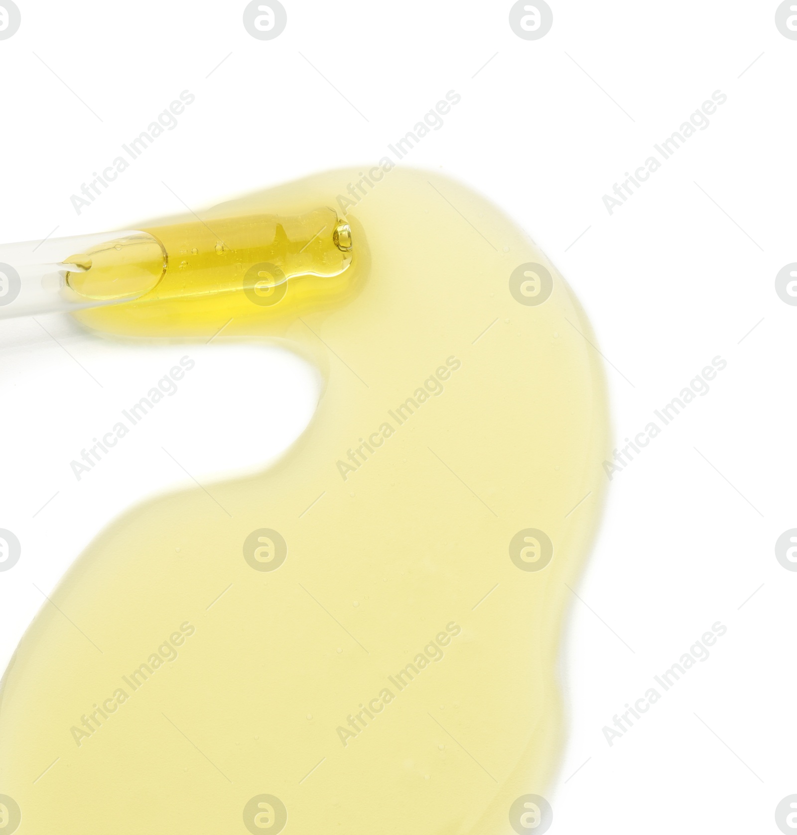 Photo of Cosmetic oil and pipette isolated on white, top view