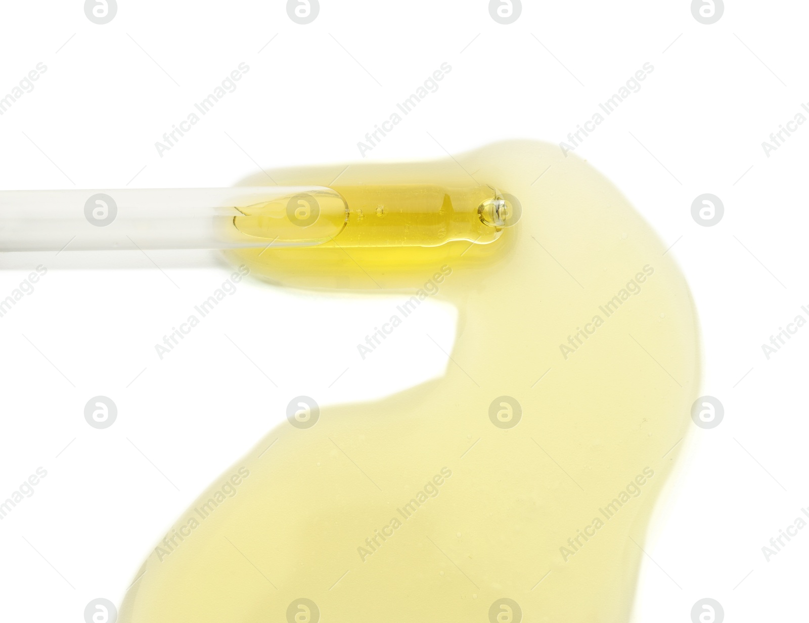 Photo of Cosmetic oil and pipette isolated on white, top view