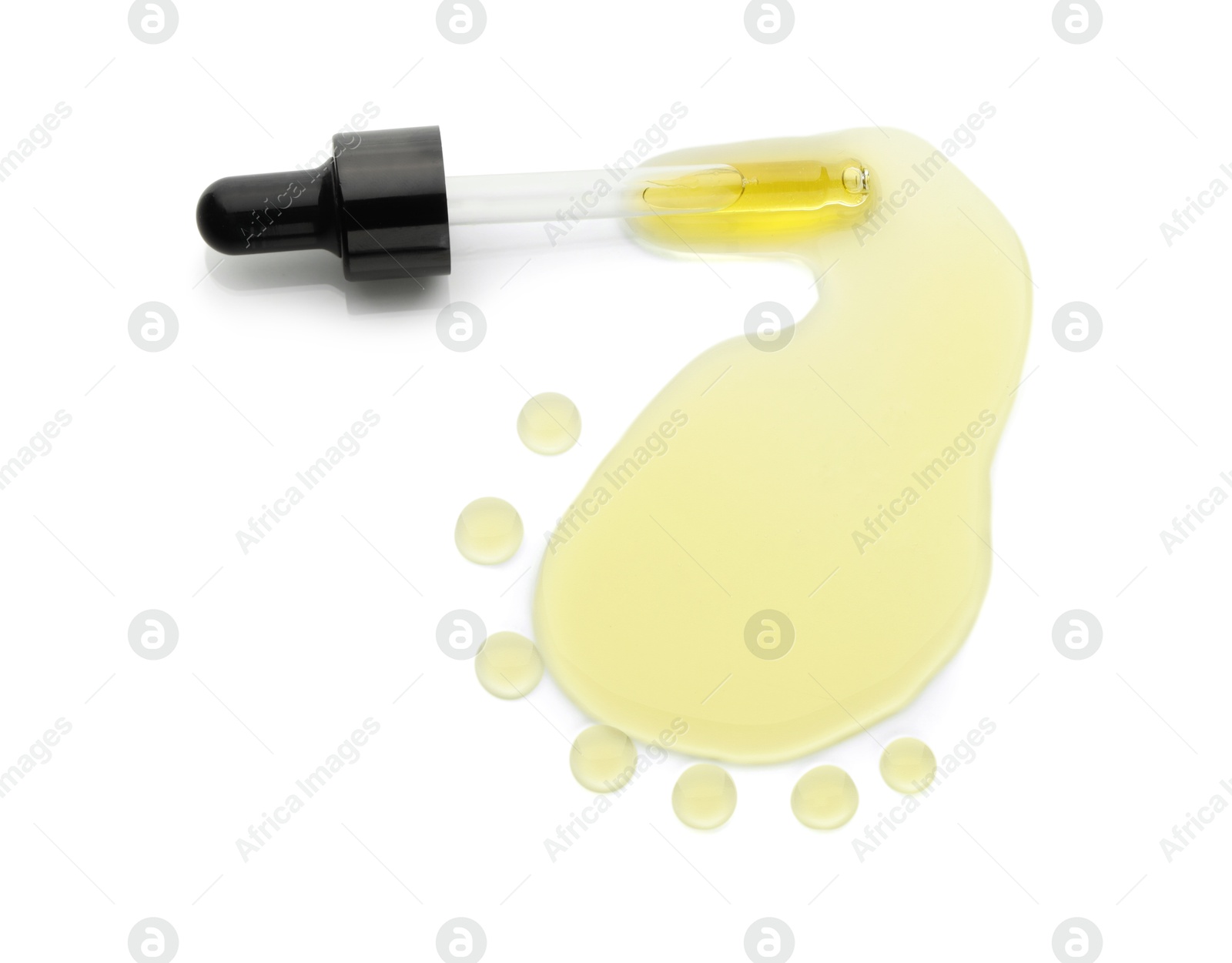 Photo of Cosmetic oil and pipette isolated on white, top view