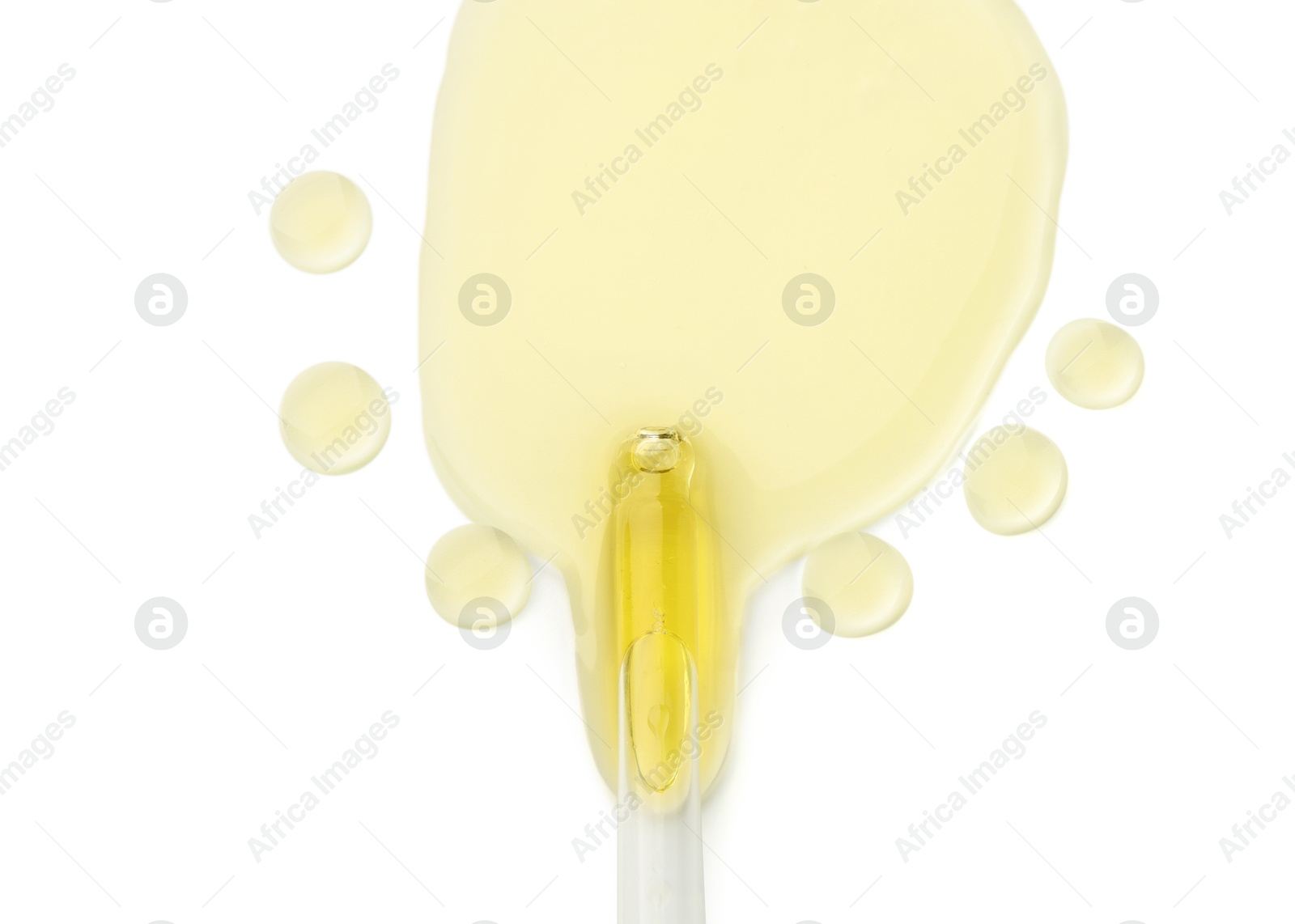 Photo of Cosmetic oil and pipette isolated on white, top view