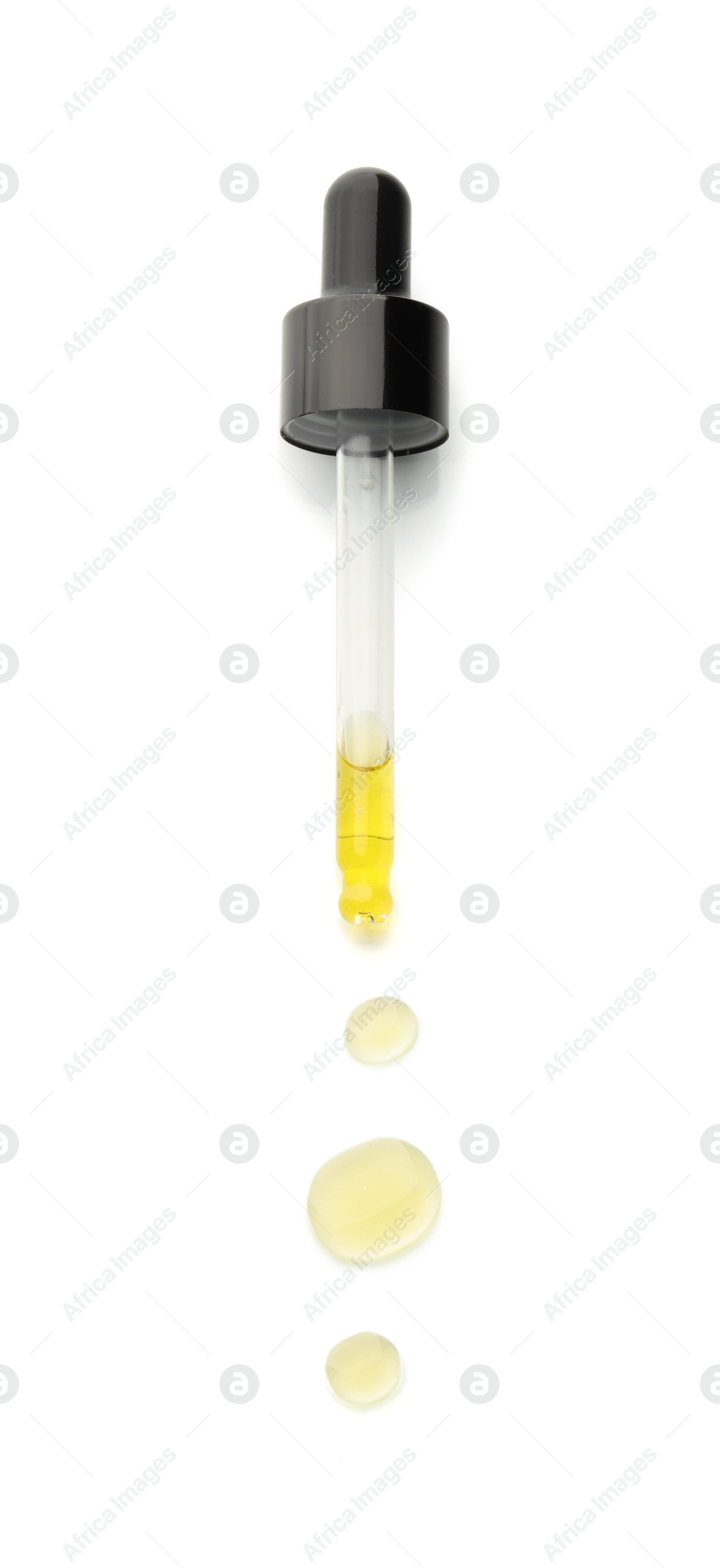 Photo of Cosmetic oil and pipette isolated on white, top view