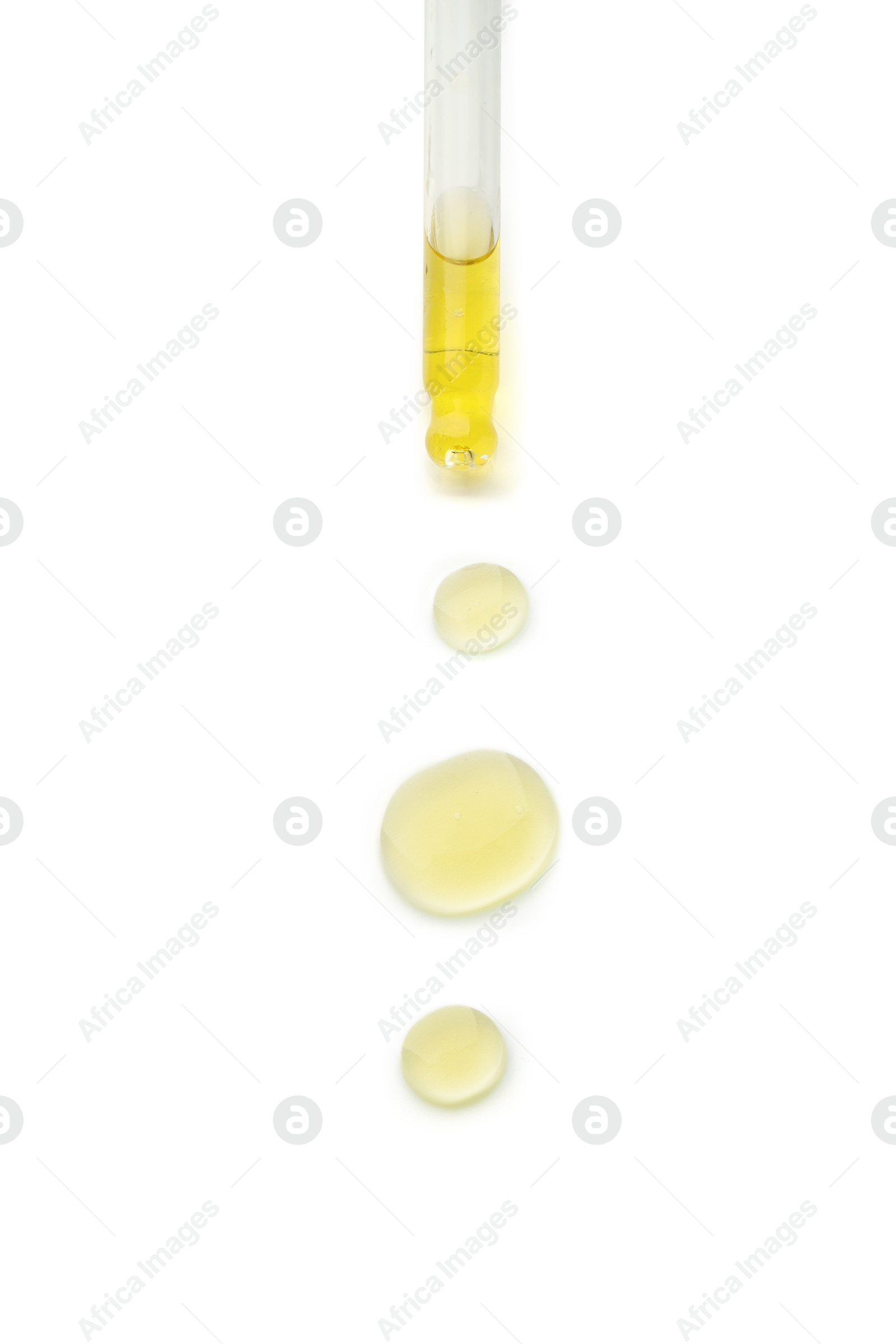 Photo of Cosmetic oil and pipette isolated on white, top view