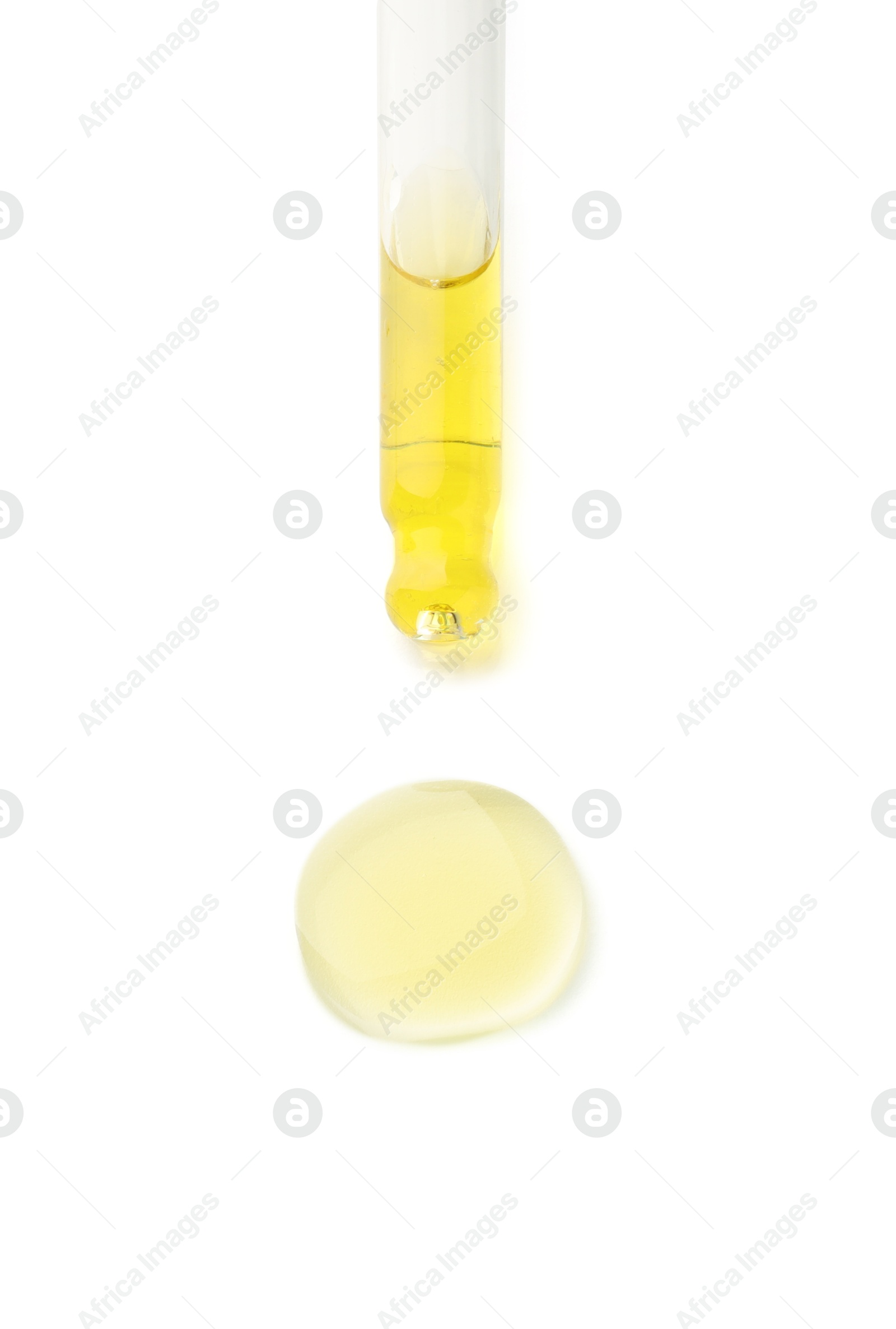 Photo of Cosmetic oil and pipette isolated on white, top view