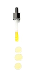 Photo of Cosmetic oil and pipette isolated on white, top view