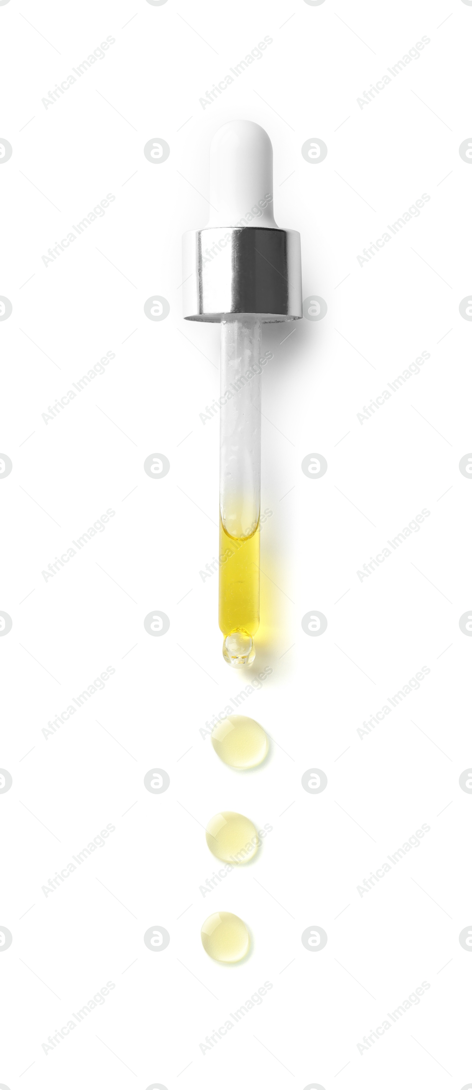 Photo of Cosmetic oil and pipette isolated on white, top view