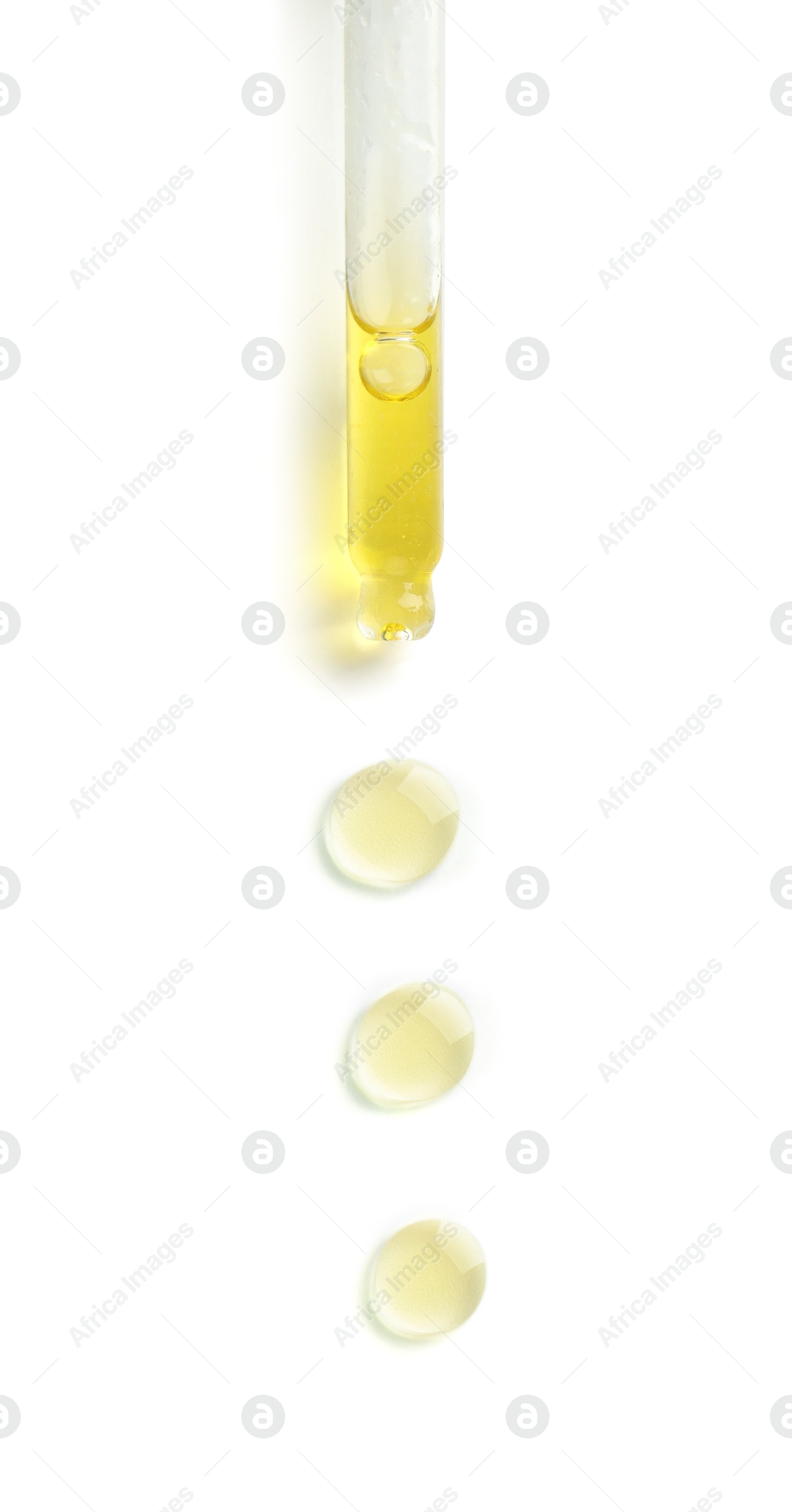 Photo of Cosmetic oil and pipette isolated on white, top view