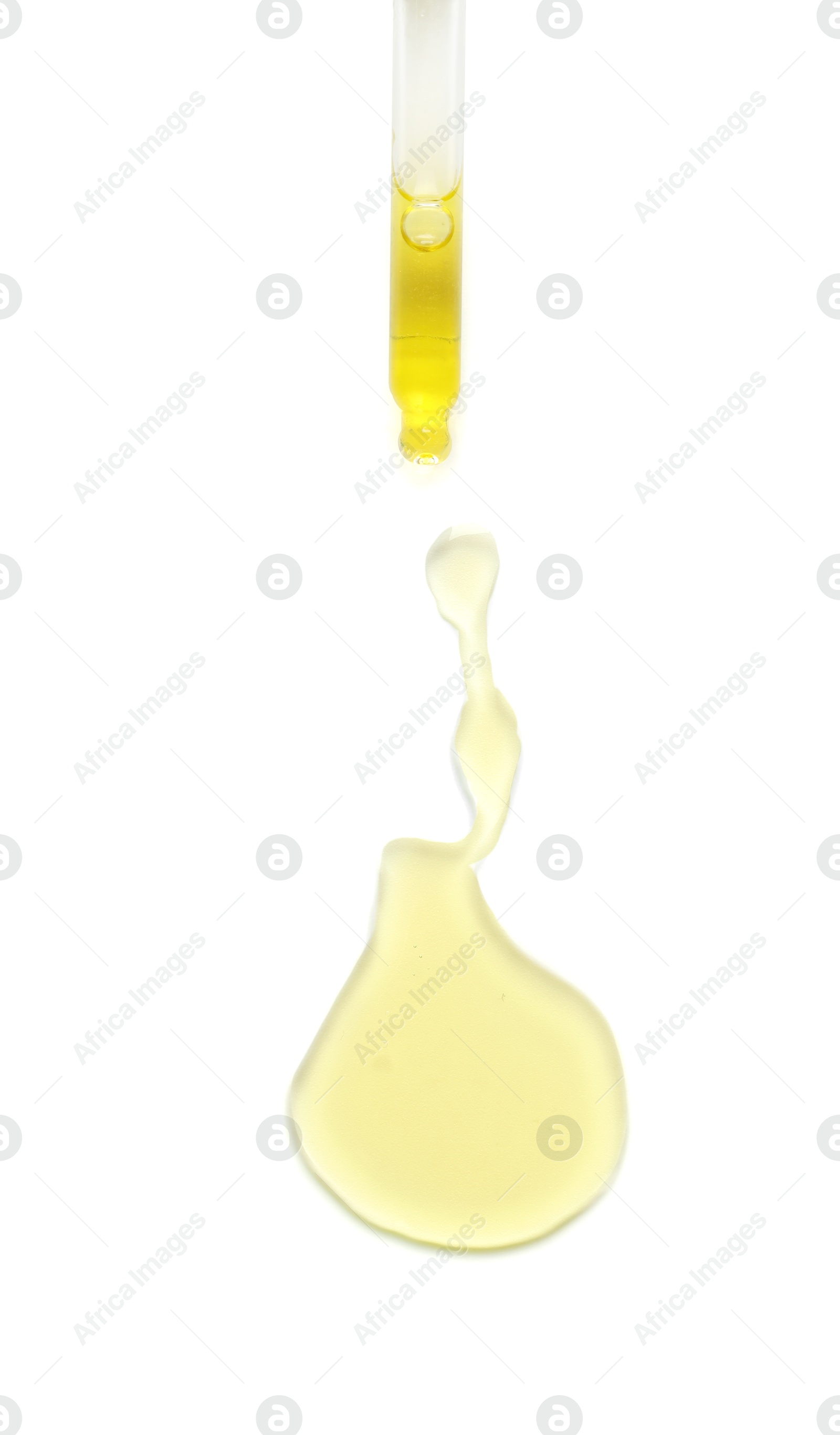 Photo of Cosmetic oil and pipette isolated on white, top view