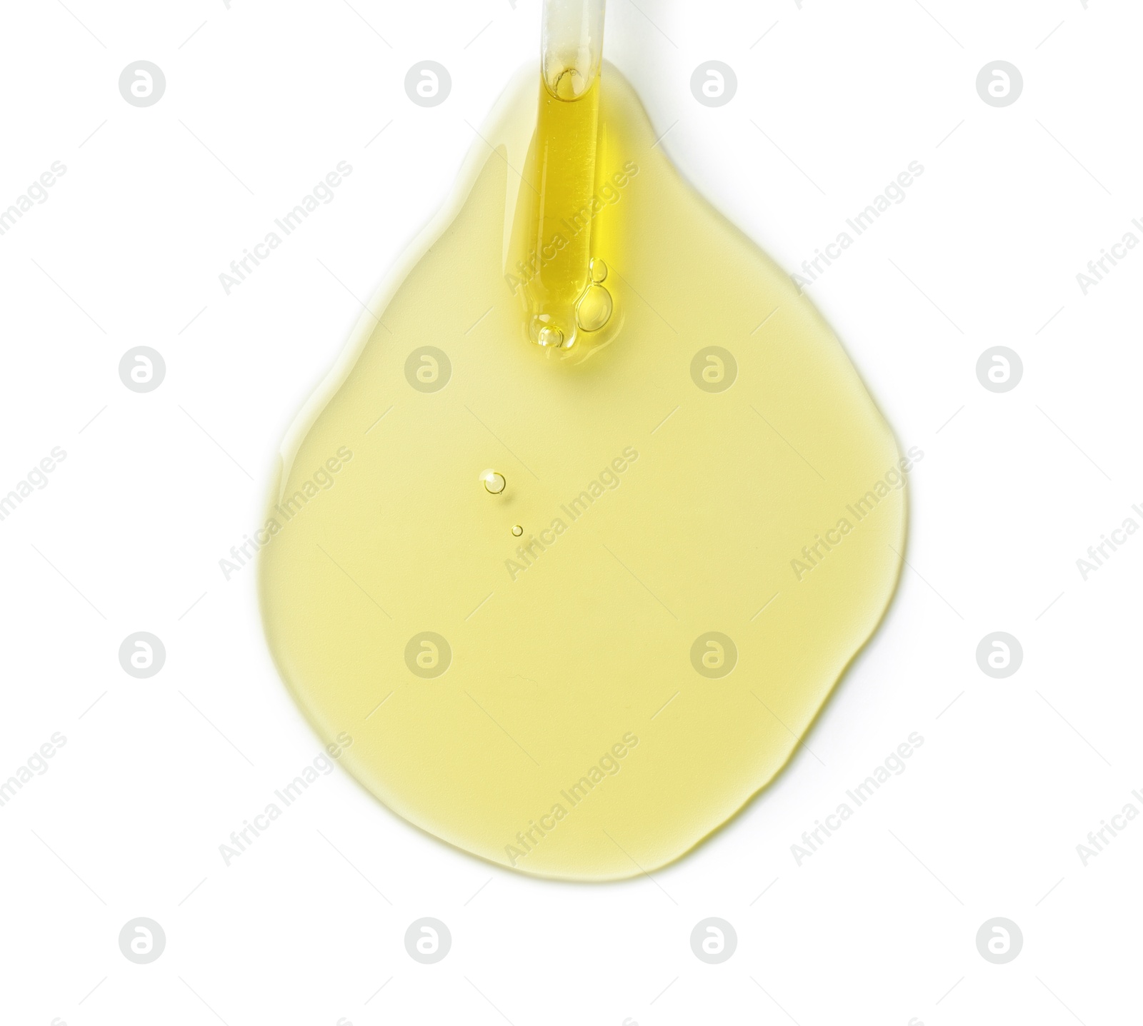 Photo of Cosmetic oil and pipette isolated on white, top view