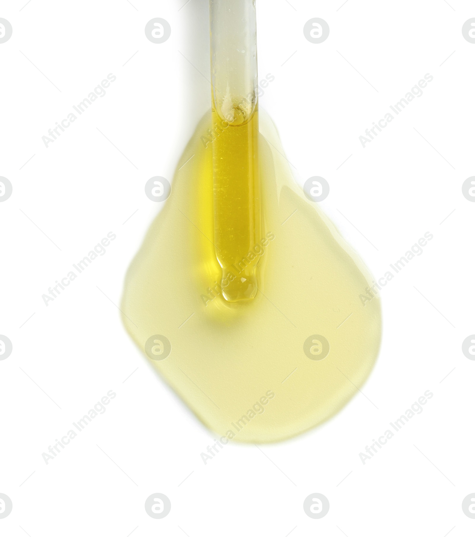 Photo of Cosmetic oil and pipette isolated on white, top view