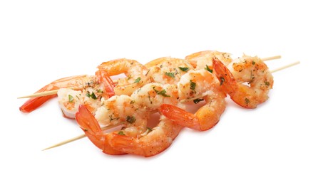 Photo of Skewers with delicious grilled shrimps isolated on white