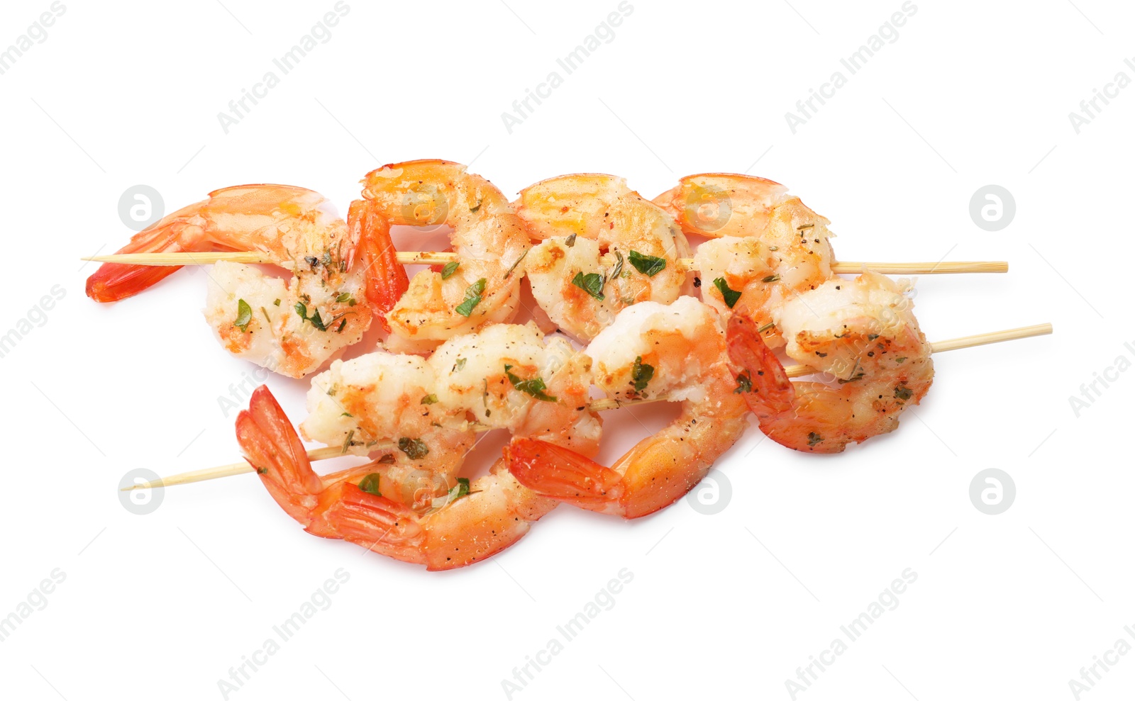 Photo of Skewers with delicious grilled shrimps isolated on white, top view