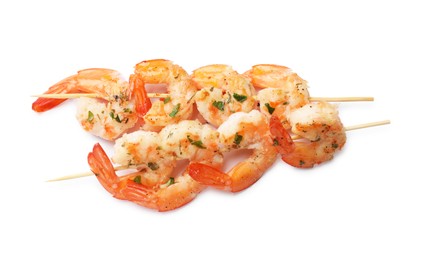 Photo of Skewers with delicious grilled shrimps isolated on white, top view