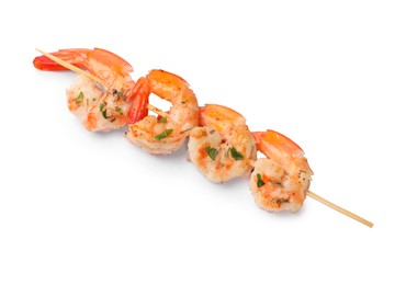 Photo of Skewer with delicious grilled shrimps isolated on white, top view