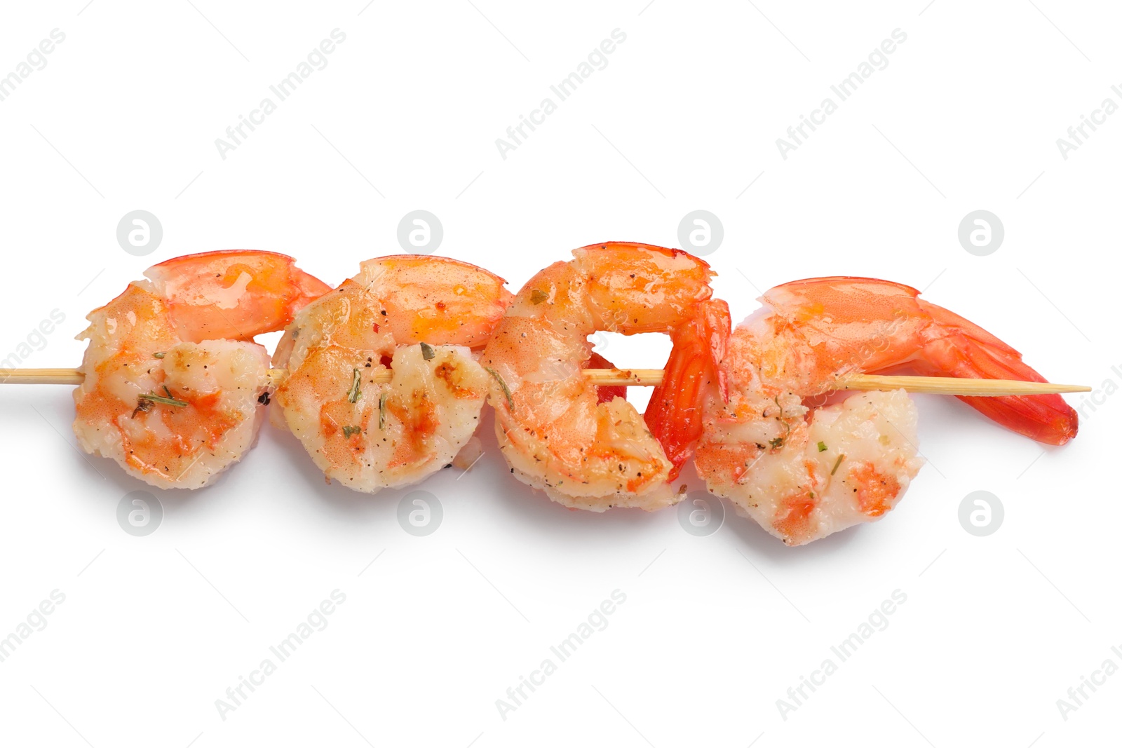 Photo of Skewer with delicious grilled shrimps isolated on white, top view