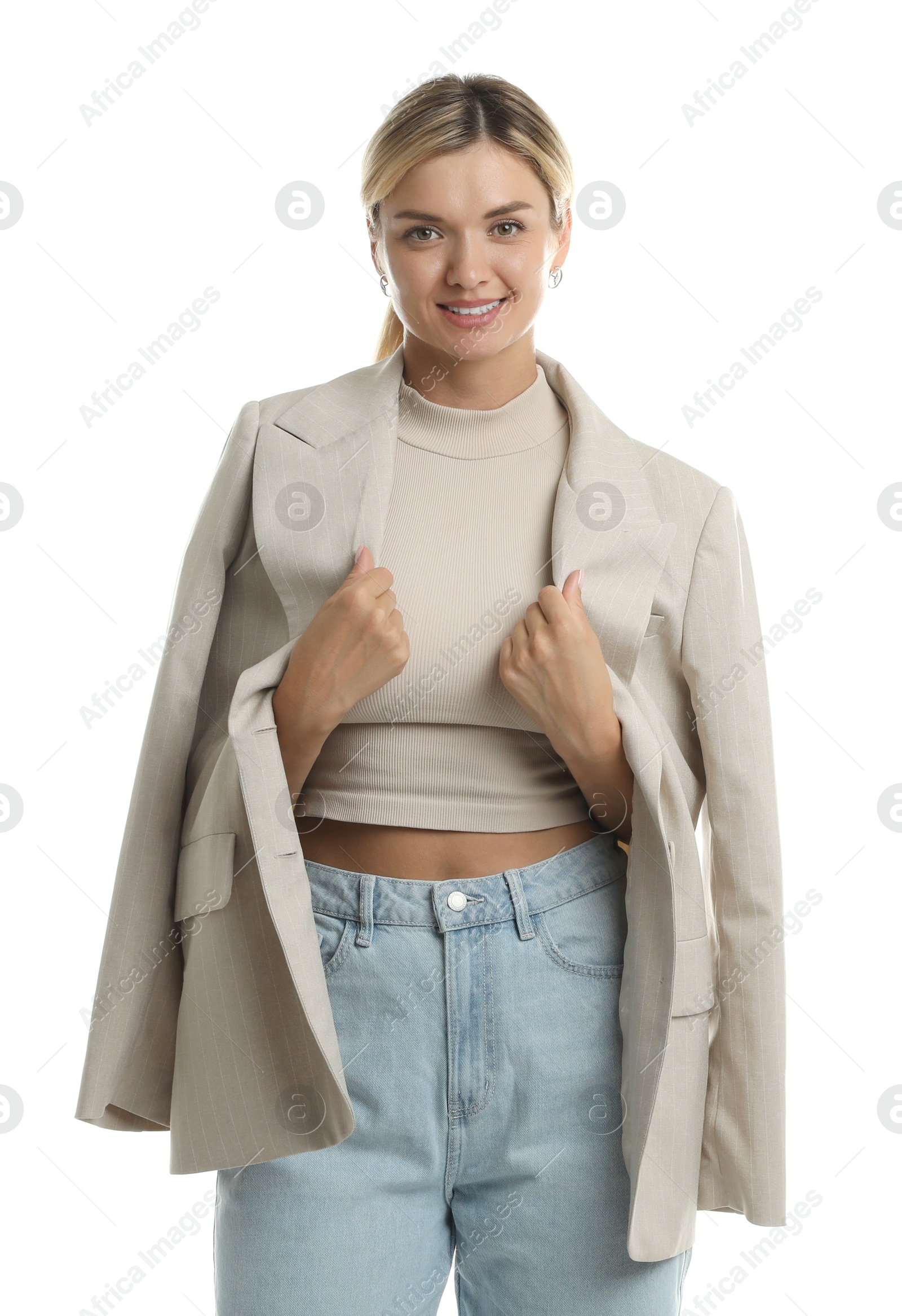 Photo of Beautiful woman with stylish jacket on white background