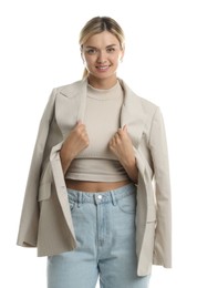 Photo of Beautiful woman with stylish jacket on white background