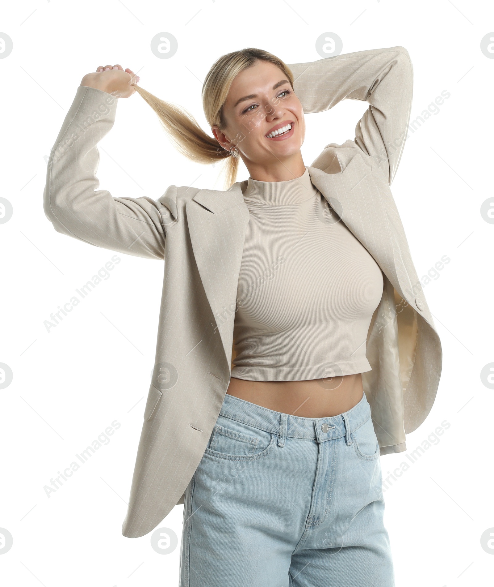 Photo of Beautiful woman in stylish jacket on white background