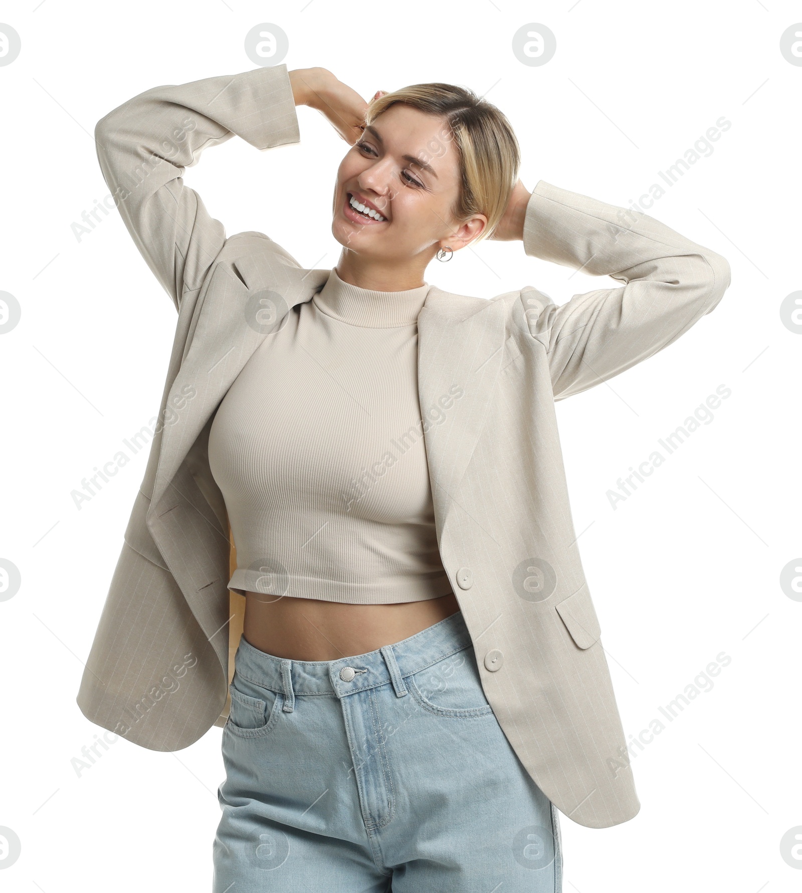 Photo of Beautiful woman in stylish jacket on white background