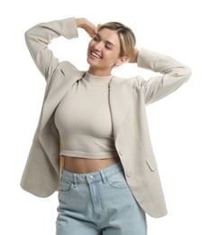 Photo of Beautiful woman in stylish jacket on white background