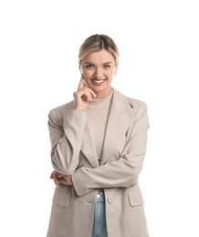 Photo of Beautiful woman in stylish jacket on white background