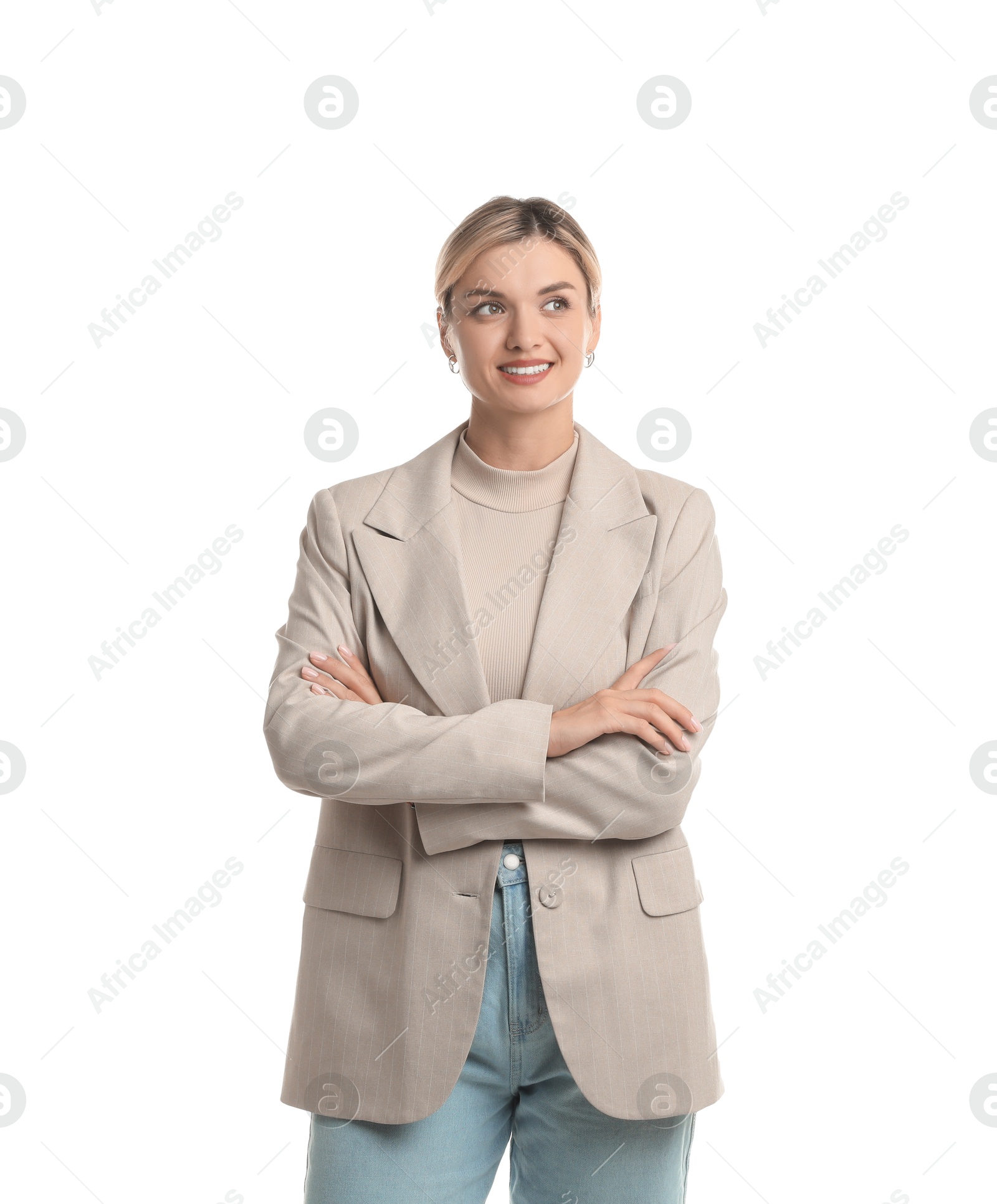 Photo of Beautiful woman in stylish jacket on white background