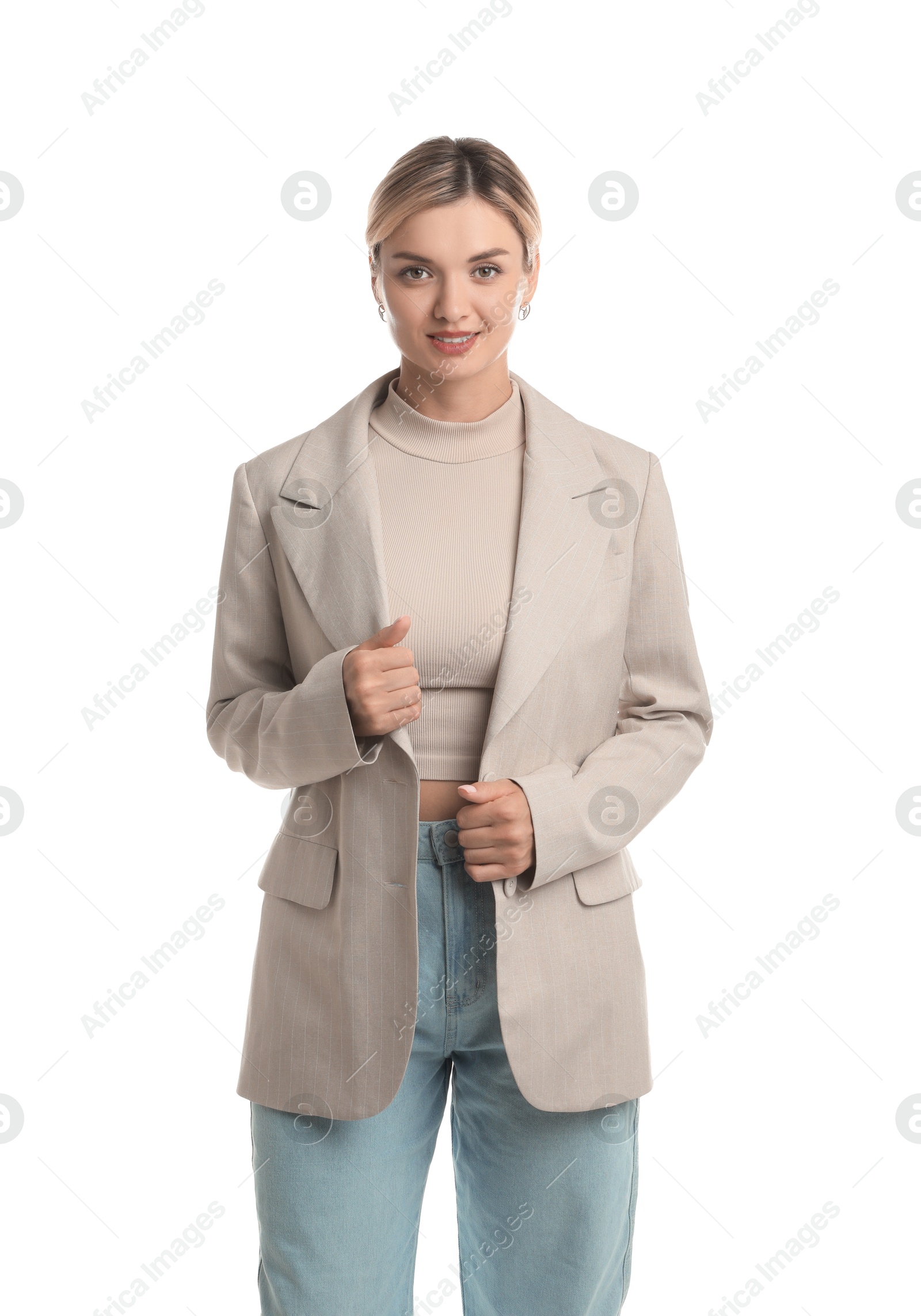 Photo of Beautiful woman in stylish jacket on white background