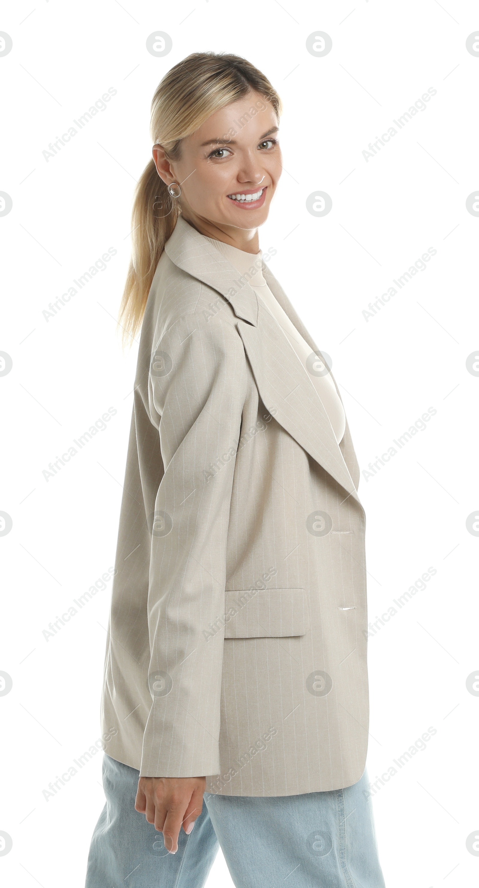 Photo of Beautiful woman in stylish jacket on white background